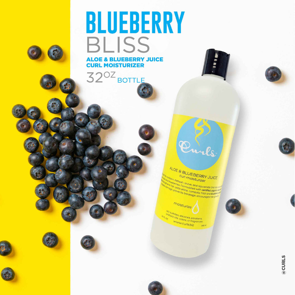 Blueberry Bliss 32oz bottle on white and yellow background with blueberries.